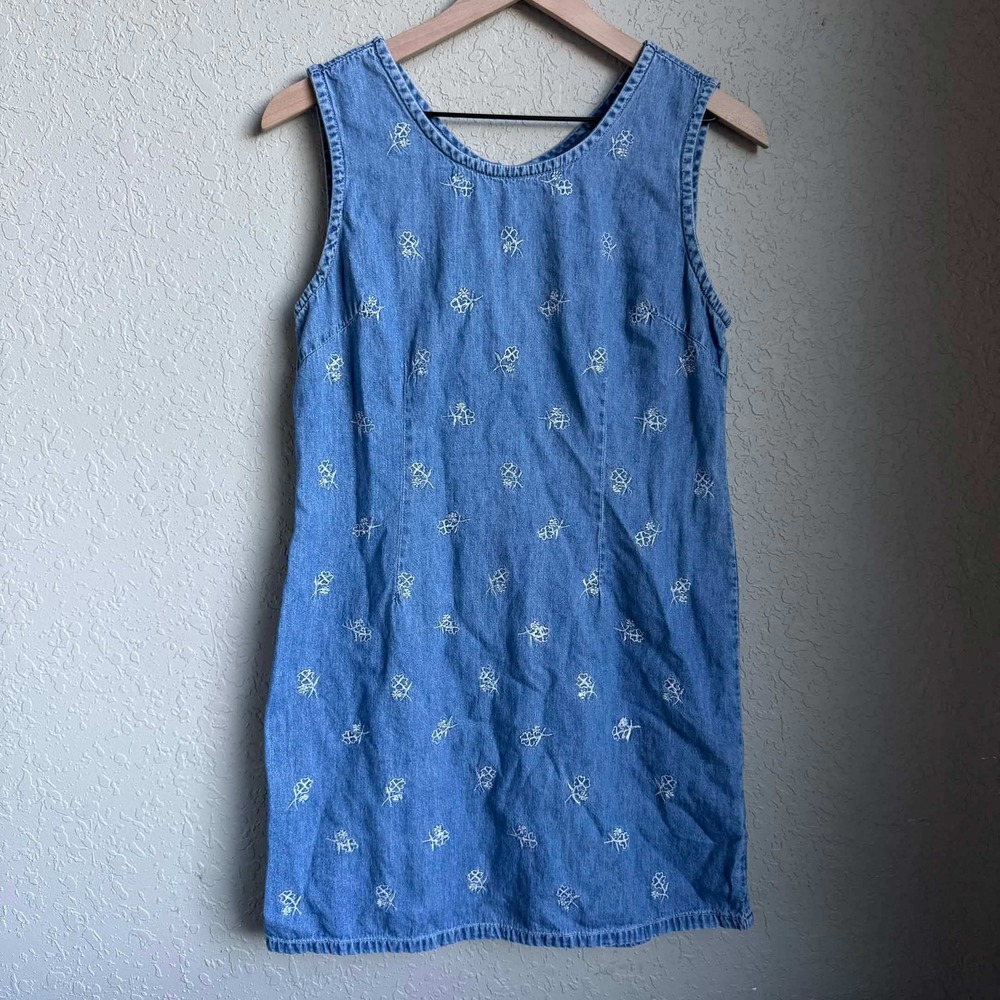 Vintage 90s Faded Glory Embroidered Floral Denim Shift Dress Cottagecore Mini